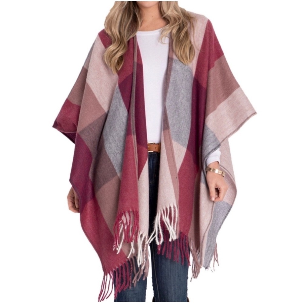 Woolrich Cape Shawl Blanket Scarf Pashmina OS Pink Plaid Fringe Detail Boho